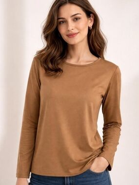 Susan Graver Essentials Camel Long-Sleeve Crewneck Top Size Medium